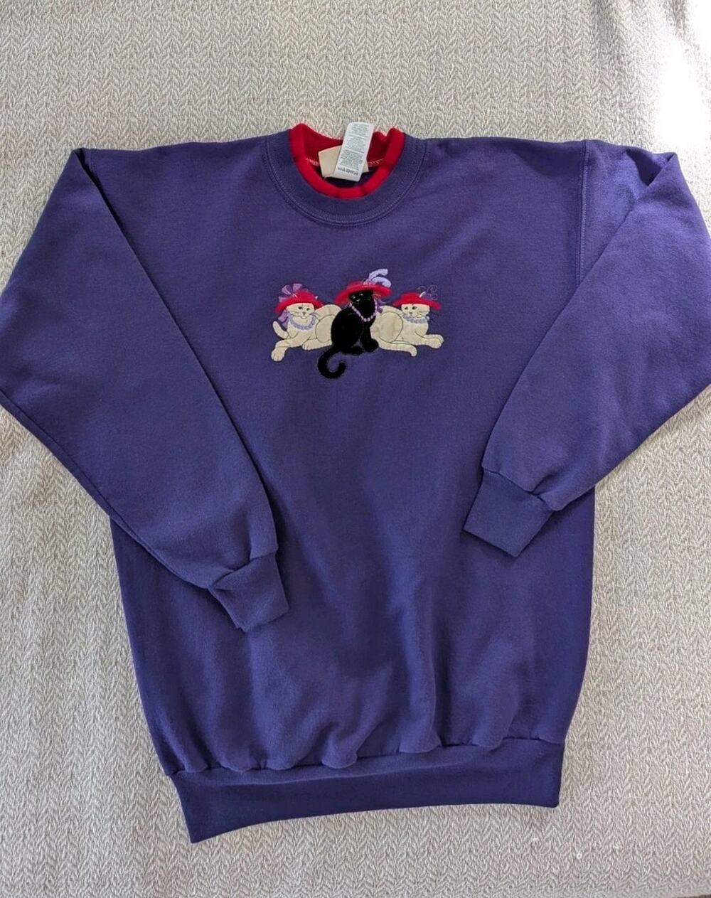 Top Stitch Vintage Sweatshirt Womens M Royal Purple Red Hat Cats Grannycore 90s